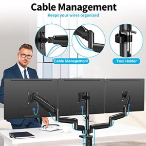 MOUNTUP Triple Monitor Mount, 3 Monitor Stand Desk Arm for Max 32 Inch Computer Screens, Max Extension 64.5" Gas Spring Triple Monitor Holder Support 2.2-17.6lbs, VESA Bracket with Clamp/Grommet Base