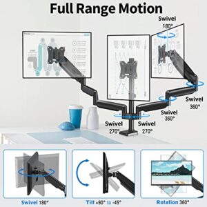 MOUNTUP Triple Monitor Mount, 3 Monitor Stand Desk Arm for Max 32 Inch Computer Screens, Max Extension 64.5" Gas Spring Triple Monitor Holder Support 2.2-17.6lbs, VESA Bracket with Clamp/Grommet Base