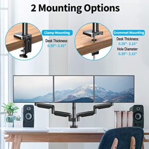 MOUNTUP Triple Monitor Mount, 3 Monitor Stand Desk Arm for Max 32 Inch Computer Screens, Max Extension 64.5" Gas Spring Triple Monitor Holder Support 2.2-17.6lbs, VESA Bracket with Clamp/Grommet Base