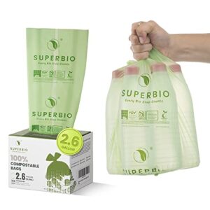 superbio 2.6 gallon compostable flat top garbage bags, 100 count, 1 pack, small trash bags, sturdy food scrap bags certified by bpi and ok compost meeting astm d6400 standards, 9.84l