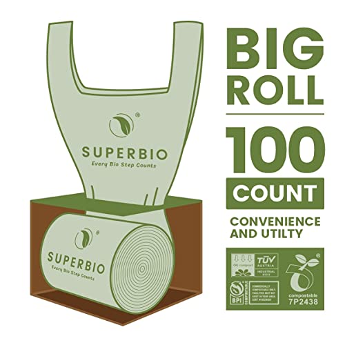 SUPERBIO 2.6 Gallon Compostable Handle Tie Garbage Bags, 100 Count, 1 Pack, Kitchen Trash Bag With Handle, Food Scrap Small Bags Certified by BPI and OK Compost Meeting ASTM D6400 Standards