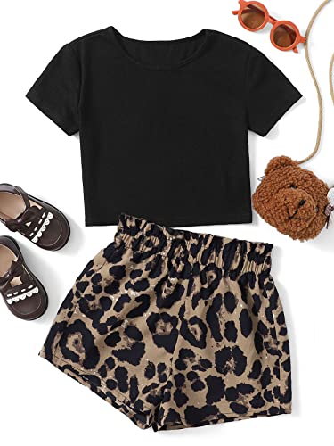 SOLY HUX Girl's Summer 2 Piece Outfits Short Sleeve Crop Top and Cute Print Shorts Sets Cute Clothing Set Black 8Y