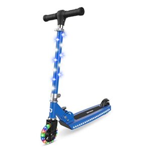 jetson scooters - jupiter kick scooter (blue) - collapsible portable kids push scooter - lightweight folding design with high visibility rgb light up leds on stem, wheels, and deck