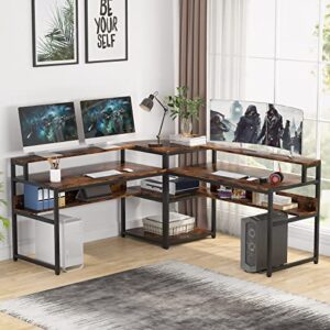 tribesigns l-shaped desk with storage shelves, 67" large corner computer desk with monitor stand and bookshelf, rustic study writing workstation with corner shelf for home office