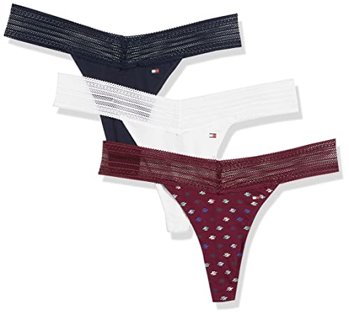 Tommy Hilfiger womens Underwear Cotton Lace Thong, 3 Pack Thong Panties, Mini Cursive Th Zindanfel, Medium US