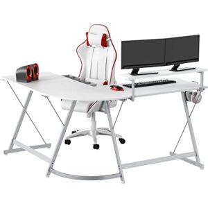 SHW Vista L-Shape Desk with Monitor Stand, White