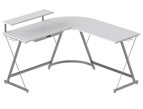 SHW Vista L-Shape Desk with Monitor Stand, White