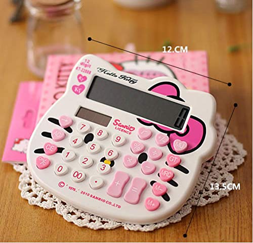 Hello Kitty Calculator Super Cute 12 Digit Calculator Girl and Woman Calculator Large LCD Display Dual Drive by Solar Energy and Battery for School Office Home (White)