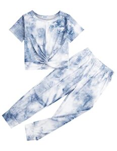 arshiner tie dye jogger sets for girls casual twist front tops & pants set dusty blue 8-9 years old