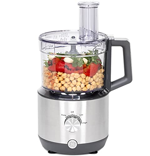 GE Food Processor | 12 Cup | Complete With 3 Feeding Tubes & Stainless Steel Accessories - 3 Discs + Dough Blade | 3 Speed | Great for Shredded Cheese, Chicken & More | Kitchen Essentials | 550 Watts