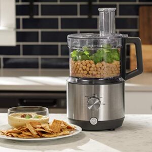 GE Food Processor | 12 Cup | Complete With 3 Feeding Tubes & Stainless Steel Accessories - 3 Discs + Dough Blade | 3 Speed | Great for Shredded Cheese, Chicken & More | Kitchen Essentials | 550 Watts