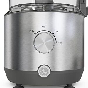 GE Food Processor | 12 Cup | Complete With 3 Feeding Tubes & Stainless Steel Accessories - 3 Discs + Dough Blade | 3 Speed | Great for Shredded Cheese, Chicken & More | Kitchen Essentials | 550 Watts