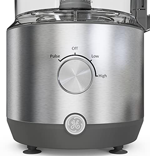 GE Food Processor | 12 Cup | Complete With 3 Feeding Tubes & Stainless Steel Accessories - 3 Discs + Dough Blade | 3 Speed | Great for Shredded Cheese, Chicken & More | Kitchen Essentials | 550 Watts