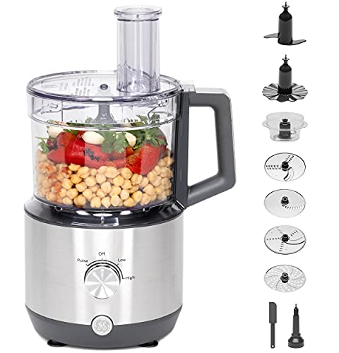 GE Food Processor | 12 Cup | Complete With 3 Feeding Tubes & Stainless Steel Accessories - 3 Discs + Dough Blade | 3 Speed | Great for Shredded Cheese, Chicken & More | Kitchen Essentials | 550 Watts