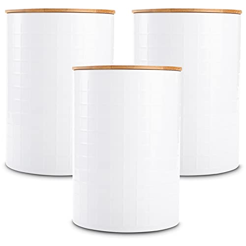 Fasmov 3 Pack Kitchen Canisters with Bamboo Lids, Perfect Coffee Tea Food Storage Candy Sugar Canisters, Modern Design Jar Kitchen Container, Airtight Metal Canister Set (White)