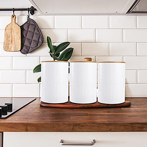 Fasmov 3 Pack Kitchen Canisters with Bamboo Lids, Perfect Coffee Tea Food Storage Candy Sugar Canisters, Modern Design Jar Kitchen Container, Airtight Metal Canister Set (White)