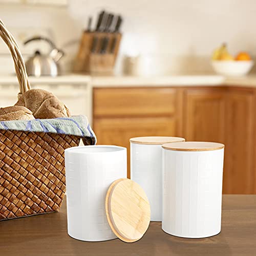 Fasmov 3 Pack Kitchen Canisters with Bamboo Lids, Perfect Coffee Tea Food Storage Candy Sugar Canisters, Modern Design Jar Kitchen Container, Airtight Metal Canister Set (White)