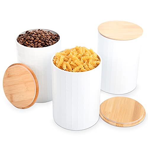 Fasmov 3 Pack Kitchen Canisters with Bamboo Lids, Perfect Coffee Tea Food Storage Candy Sugar Canisters, Modern Design Jar Kitchen Container, Airtight Metal Canister Set (White)