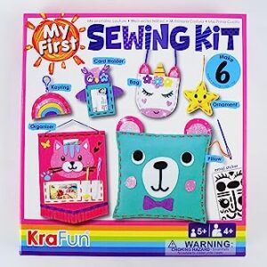 KRAFUN My First Sewing Kit for Beginner Kids Arts & Crafts, 6 Easy DIY Projects of Stuffed Animal Dolls and Plush Pillow Craft, Instructions & Felt, Gift for Girls, Boys, Learn to Sew, Embroidery