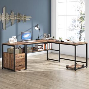 tribesigns 70 inch modern l-shaped desk with bookcase and cabinet, l shapes computer desk study table super sturdy workstation with drawers for home office with hutch