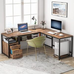 Tribesigns 70 Inch Modern L-Shaped Desk with Bookcase and Cabinet, L Shapes Computer Desk Study Table Super Sturdy Workstation with Drawers for Home Office with Hutch