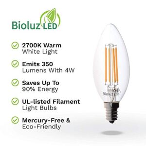 Bioluz LED 40W Filament Candelabra Bulb, E12 Base High Efficiency LED Candle Bulbs, UL Listed, Pack of 12