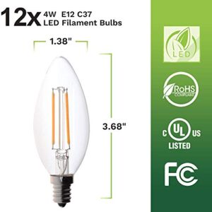 Bioluz LED 40W Filament Candelabra Bulb, E12 Base High Efficiency LED Candle Bulbs, UL Listed, Pack of 12