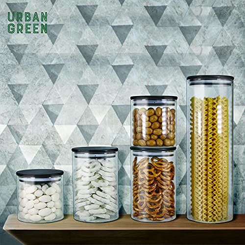 Urban Green Glass Jars with Black Lids, Glass food storage sets with airtight black lids, Glass Canisters Sets with Bamboo Lids, Glass Storage Containers with Bamboo Lids (6 Sets of 20oz)