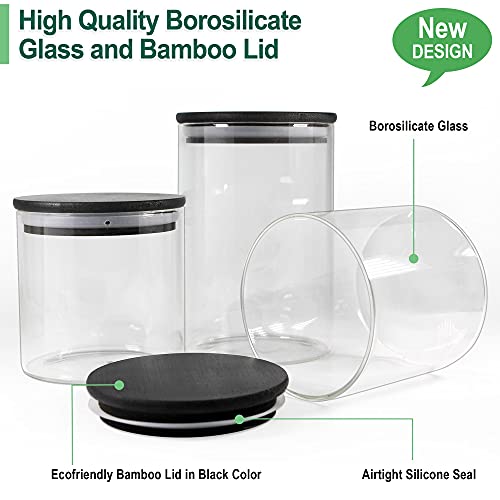 Urban Green Glass Jars with Black Lids, Glass food storage sets with airtight black lids, Glass Canisters Sets with Bamboo Lids, Glass Storage Containers with Bamboo Lids (6 Sets of 20oz)