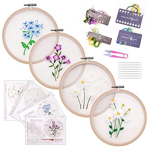 DJZNDINGJIEJIE Embroidery Kit for Beginners, Cross Stitch Kits for Adults, 4 Pack Transparent with Floral Plant Pattern Sets Embriodery, Funny Easy Needlepoint Embrodery Crosstitch Kits