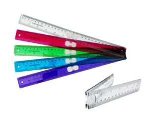 ladybee7les 12" plastic folded rulers assorted color 5pcs pack, foldable, portable easy to carry, durable printing in inch and metric scale, pefect measuring and drawing tools