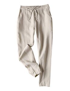 tanming women's casual linen elastic waist tapered pants trousers with drawstring (khaki, large)