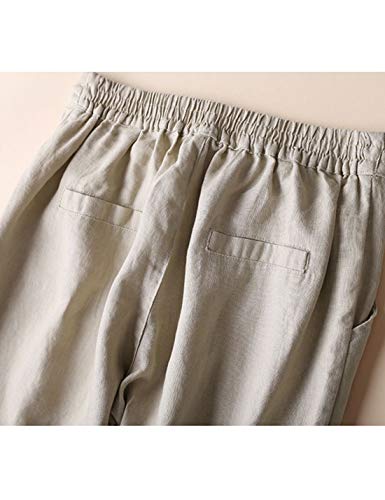 Tanming Women's Casual Linen Elastic Waist Tapered Pants Trousers with Drawstring (Khaki, Large)