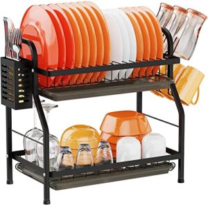 swedecor dish drying rack for kitchen counter, 2 tier rust-resistant dish racks with glass holder and utensil holder compact dish drainer with drainboard storage, black