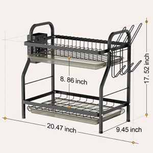 Swedecor Dish Drying Rack for Kitchen Counter, 2 Tier Rust-Resistant Dish Racks with Glass Holder and Utensil Holder Compact Dish Drainer with Drainboard Storage, Black
