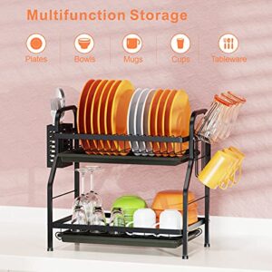 Swedecor Dish Drying Rack for Kitchen Counter, 2 Tier Rust-Resistant Dish Racks with Glass Holder and Utensil Holder Compact Dish Drainer with Drainboard Storage, Black