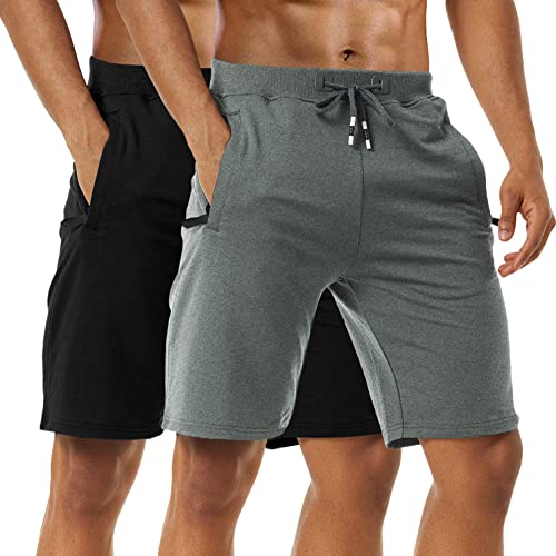 Boyzn Men's 2 Pack Casual Shorts Comfortable Cotton Workout Shorts Elastic Waist Joggers Gym Running Shorts with Zipper Pockets Black/Dark Grey-L