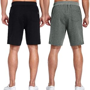 Boyzn Men's 2 Pack Casual Shorts Comfortable Cotton Workout Shorts Elastic Waist Joggers Gym Running Shorts with Zipper Pockets Black/Dark Grey-L