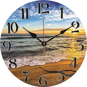 taheat beach waves in the sunset wall clock, silent non ticking battery operated clocks, easy to read decorative wall clock for bedroom/kitchen/living room/bathroom, 14 inch