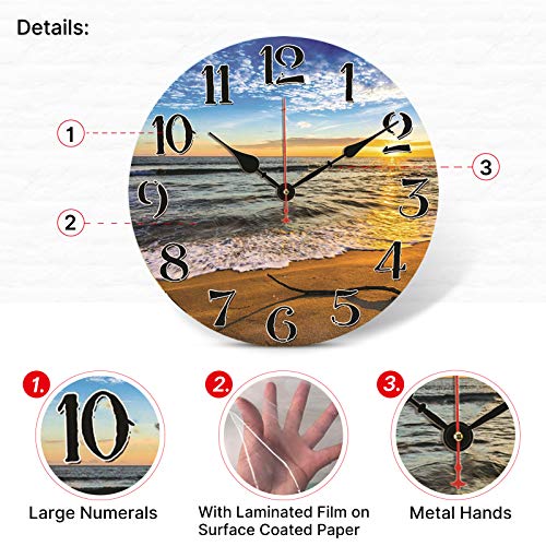 TAHEAT Beach Waves in The Sunset Wall Clock, Silent Non Ticking Battery Operated Clocks, Easy to Read Decorative Wall Clock for Bedroom/Kitchen/Living Room/Bathroom, 14 Inch