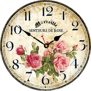 Toudorp Home 14 Inch Silent Non-Ticking Quartz Movement Wooden Round Battery Operated Indoor Decorative Vintage French Floral Wall Clock (Pink Roses)