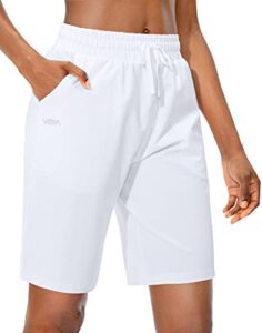 viodia women's bermuda 10" long shorts with pockets cotton sweat lounge shorts for women jersey athletic knee length shorts for summer white
