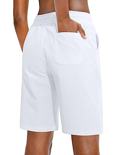 Viodia Women's Bermuda 10" Long Shorts with Pockets Cotton Sweat Lounge Shorts for Women Jersey Athletic Knee Length Shorts for Summer White