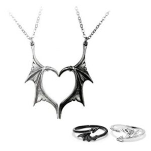 demon dragon wing love heart pendant necklace matching charm love heart feather shaped necklace angel devil wings rings jewelry set for couple family friendship-set1