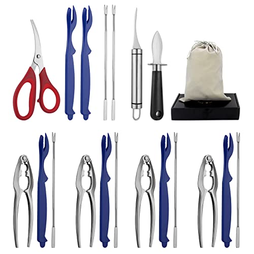 Seafood Tools Set Includes 4 Crab Crackers 6 Seafood Fork 6 Lobster Crackers 1 Seafood Scissors 1 Oyster Knife 1 Shrimp Cleaning Tool-Nutcracker Set（19 Piece ）