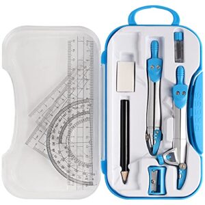 geometry kit, zooze 10-piece math tool kit with compasses, protractor, pencil, eraser, sharpener, set square, triangle, 6” ruler, lead refills, storage box