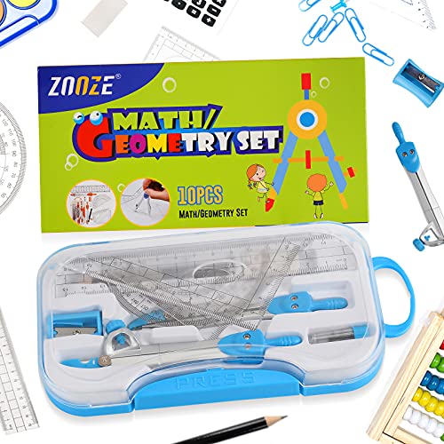 Geometry Kit, ZOOZE 10-Piece Math Tool Kit with Compasses, Protractor, Pencil, Eraser, Sharpener, Set Square, Triangle, 6” Ruler, Lead Refills, Storage Box