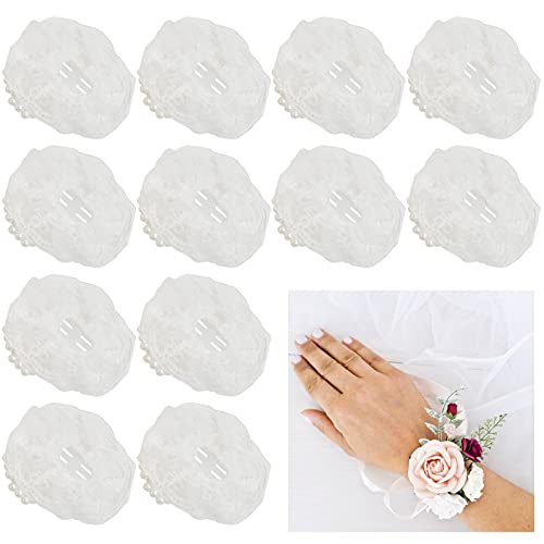 CIEOVO 12 Pieces Elastic Pearl Wrist Corsage Bands Wristlets DIY Wrist Corsages Accessories for Wedding Prom Flowers Party Supplies (White lace)