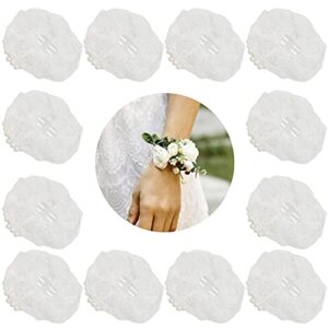 CIEOVO 12 Pieces Elastic Pearl Wrist Corsage Bands Wristlets DIY Wrist Corsages Accessories for Wedding Prom Flowers Party Supplies (White lace)