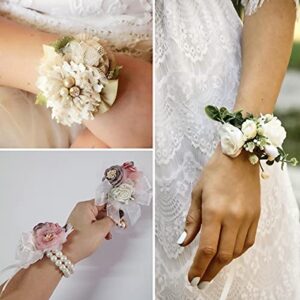 CIEOVO 12 Pieces Elastic Pearl Wrist Corsage Bands Wristlets DIY Wrist Corsages Accessories for Wedding Prom Flowers Party Supplies (White lace)